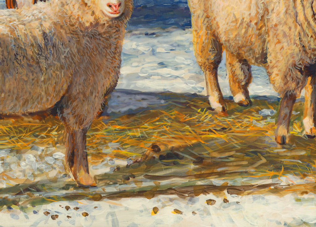 Two Columbia Ewes and Lambs on Sunny Snowy Day Painting Giclée Print Crop 3