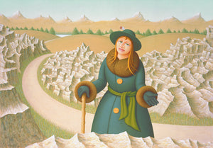 Thomas Clements Artwork of Imaginary Woman on Road with a Cane, Rocks and Mountains Painting Giclée Print
