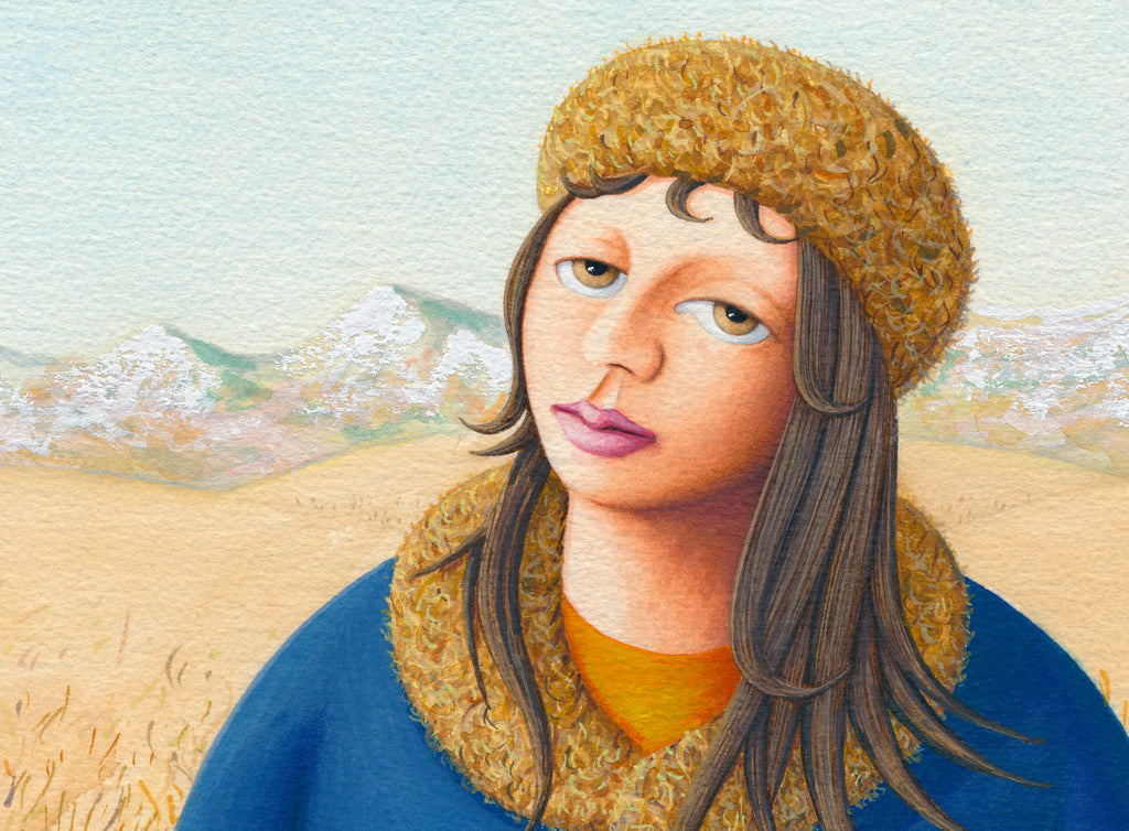 Girl in Mountain Field with House Painting Gicée Print Crop 1