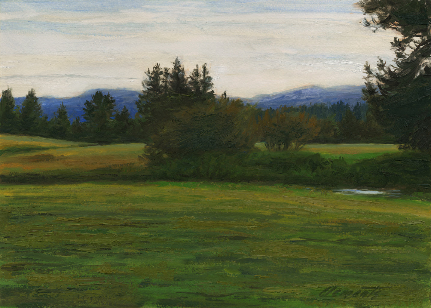 White Sky Green Landscape with Creek Painting Giclée Print