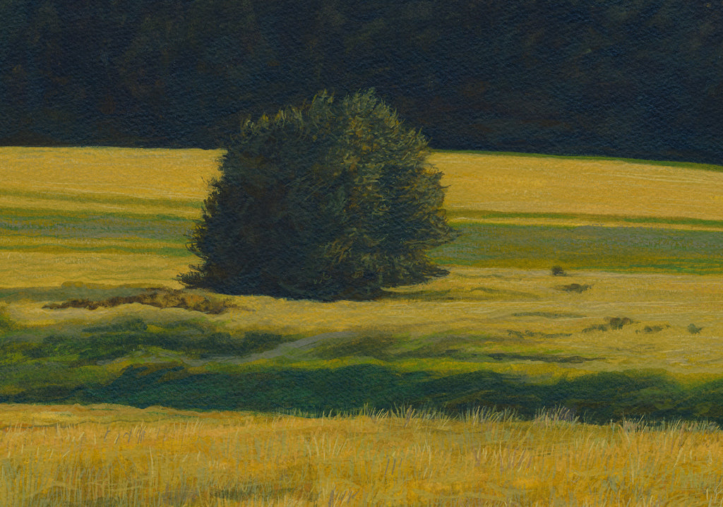 Green Pasture with Creek and Mountain Painting Giclée Print Crop 1