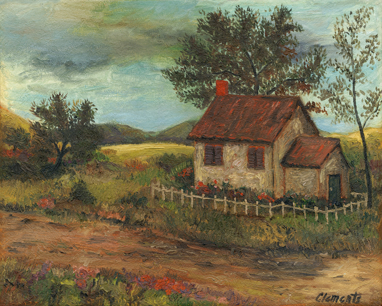 ImagImaginary Fenced House Along a Country Road Painting Giclée Print