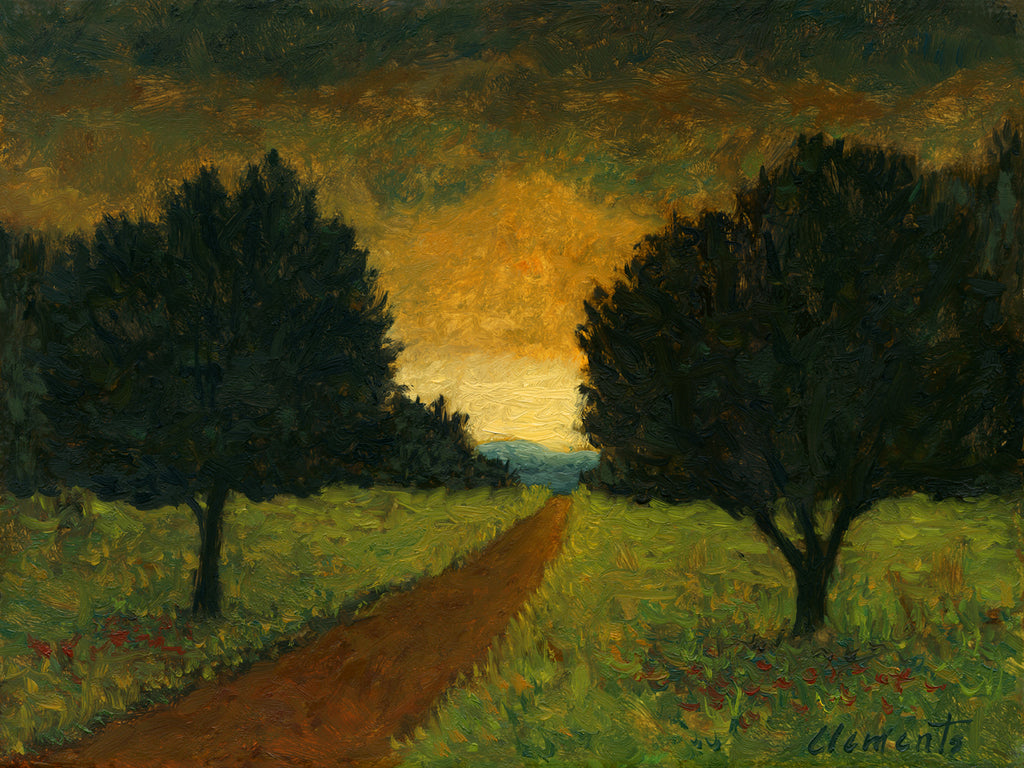 Road With Two Trees and Distant Sunset Painting Giclée Print