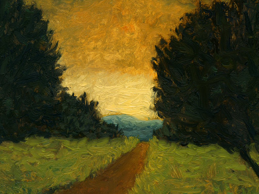 Road With Two Trees and Distant Sunset Painting Giclée Print Crop 1