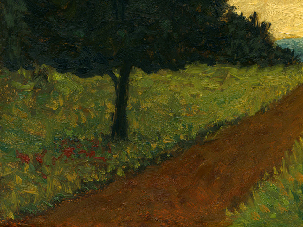 Road With Two Trees and Distant Sunset Painting Giclée Print Crop 3