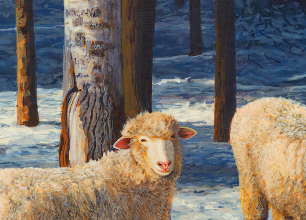 Two Columbia Ewes and Lambs on Sunny Snowy Day Painting Giclée Print Crop 1