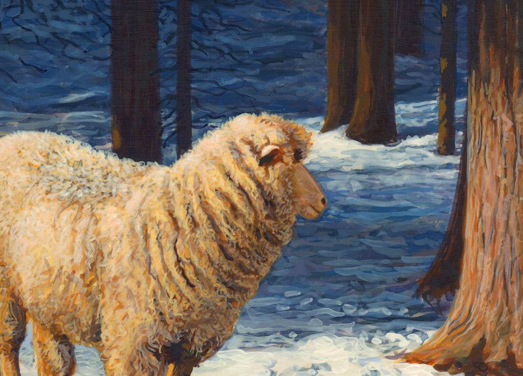 Two Columbia Ewes and Lambs on Sunny Snowy Day Painting Giclée Print Crop 2