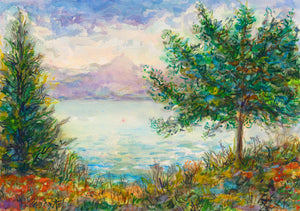 Colorful Whimsical Mountain Lake Painting Giclée Print