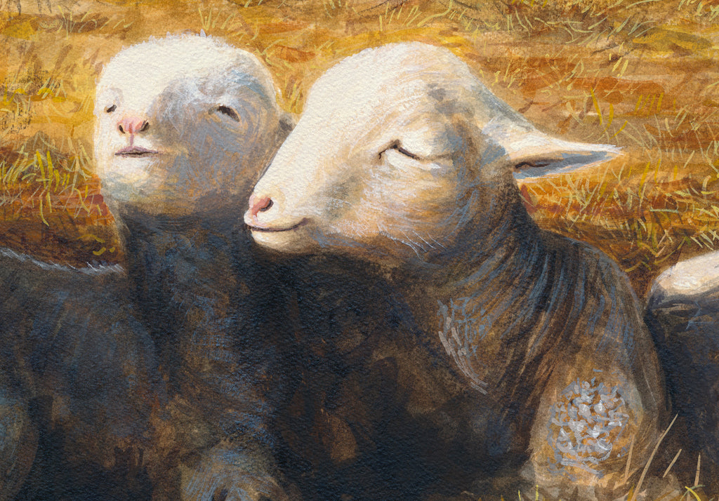 Ewe Sheep and Three Triplet Lambs Resting Painting Giclée Print Crop 1