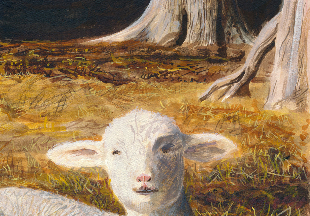 Ewe Sheep and Three Triplet Lambs Resting Painting Giclée Print Crop 3