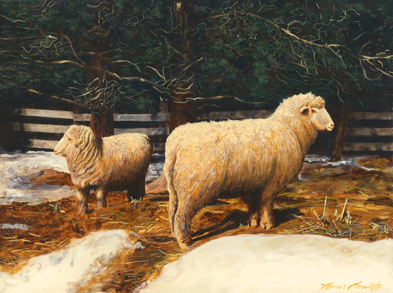 Two Sheep in Snowy Barnyard Pasture Painting Giclée Print