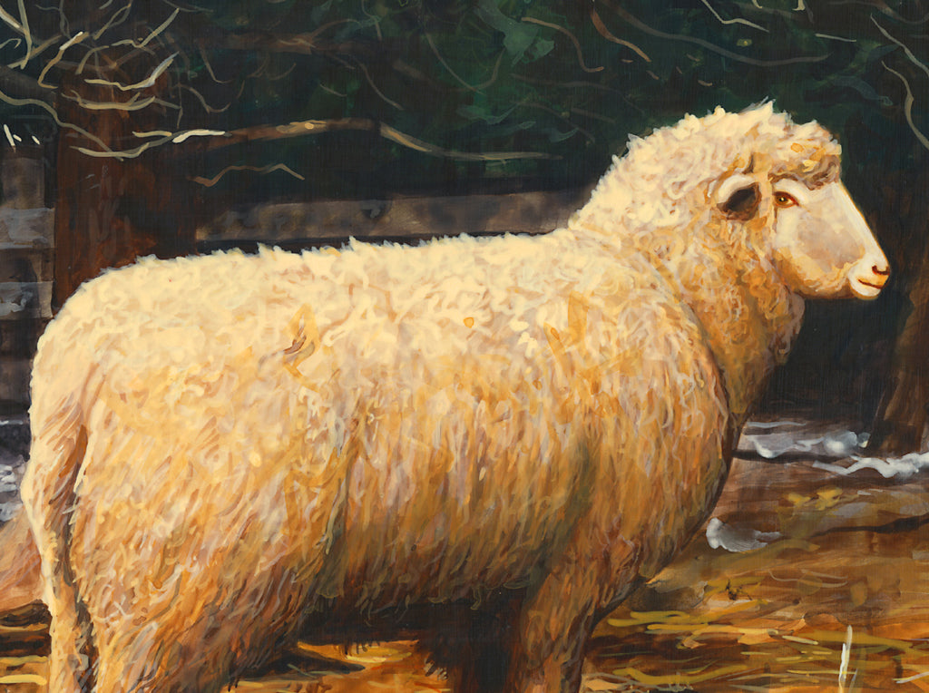 Two Sheep in Snowy Barnyard Pasture Painting Giclée Print Crop 1