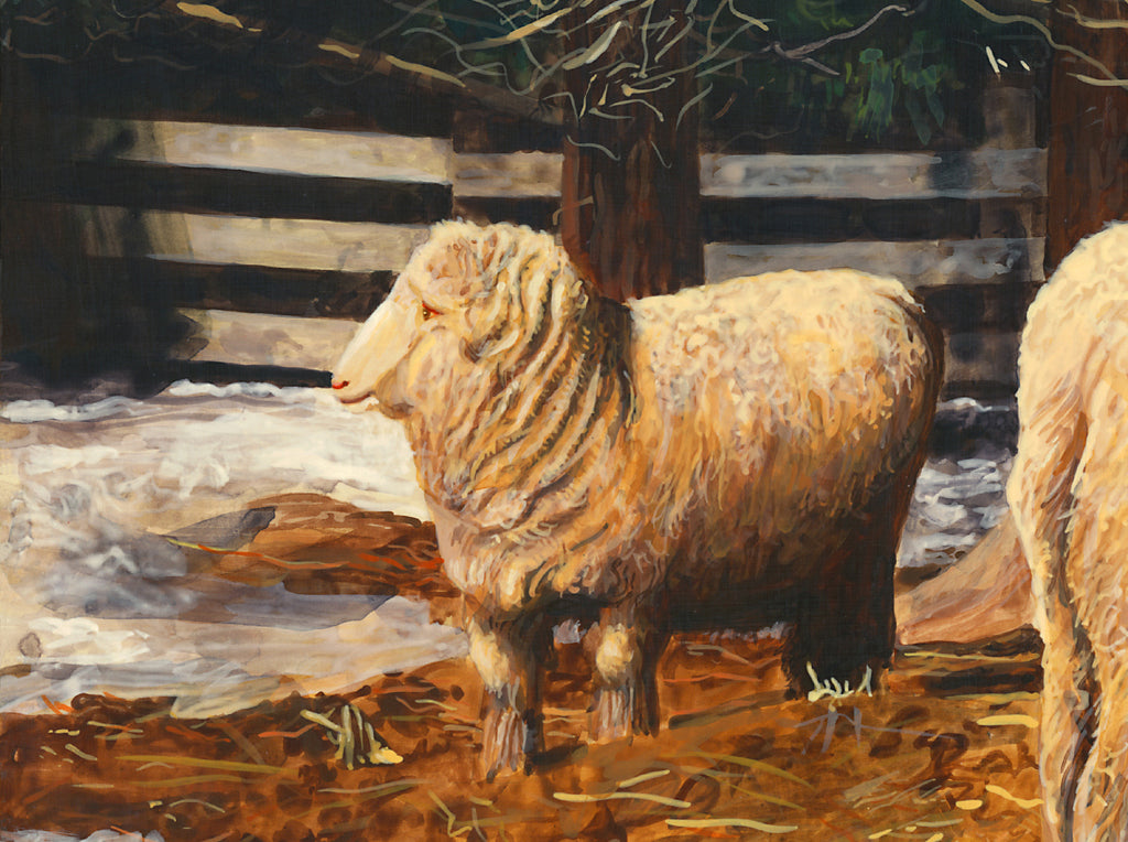 Two Sheep in Snowy Barnyard Pasture Painting Giclée Print Crop 2