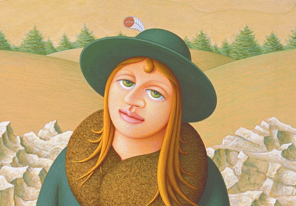 Imaginary Woman on Road with Cane and Rocks Painting Giclée Print Crop 1