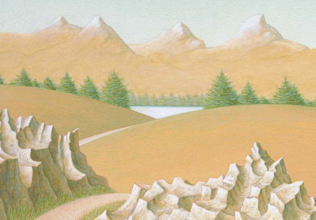 Imaginary Woman on Road with Cane and Rocks Painting Giclée Print Crop 2