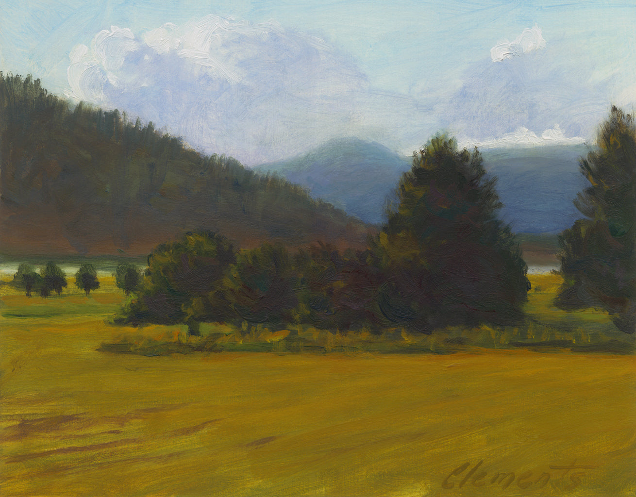 Hay Field Along River With Mountains Painting Giclée Print