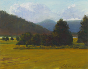 Hay Field Along River With Mountains Painting Giclée Print