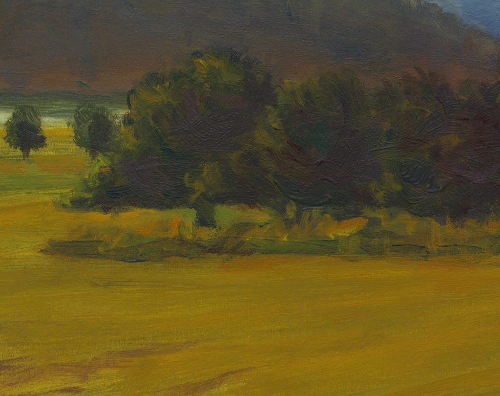 Hay Field Along River With Mountains Painting Giclée Print Crop 3