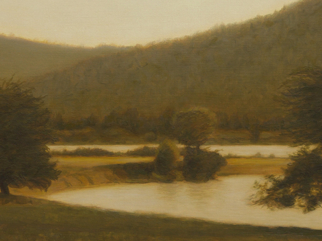 Amber Colored River Scene With Apple Trees Painting Giclée Print Crop 1