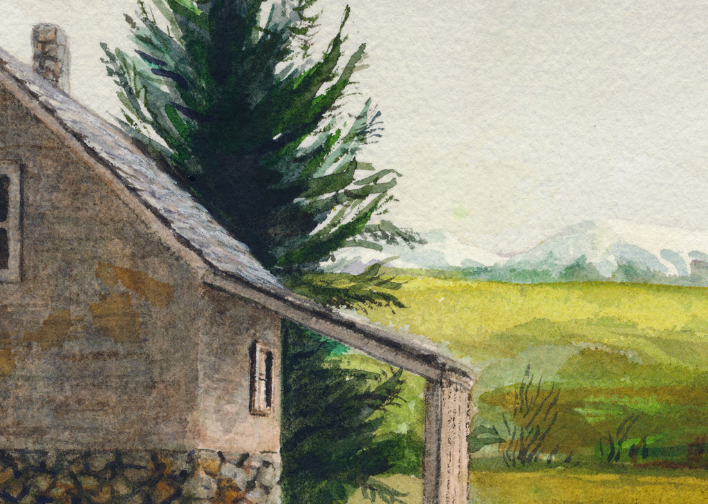 Imaginary Early West Home in Mountains Painting Giclée Print Crop 1