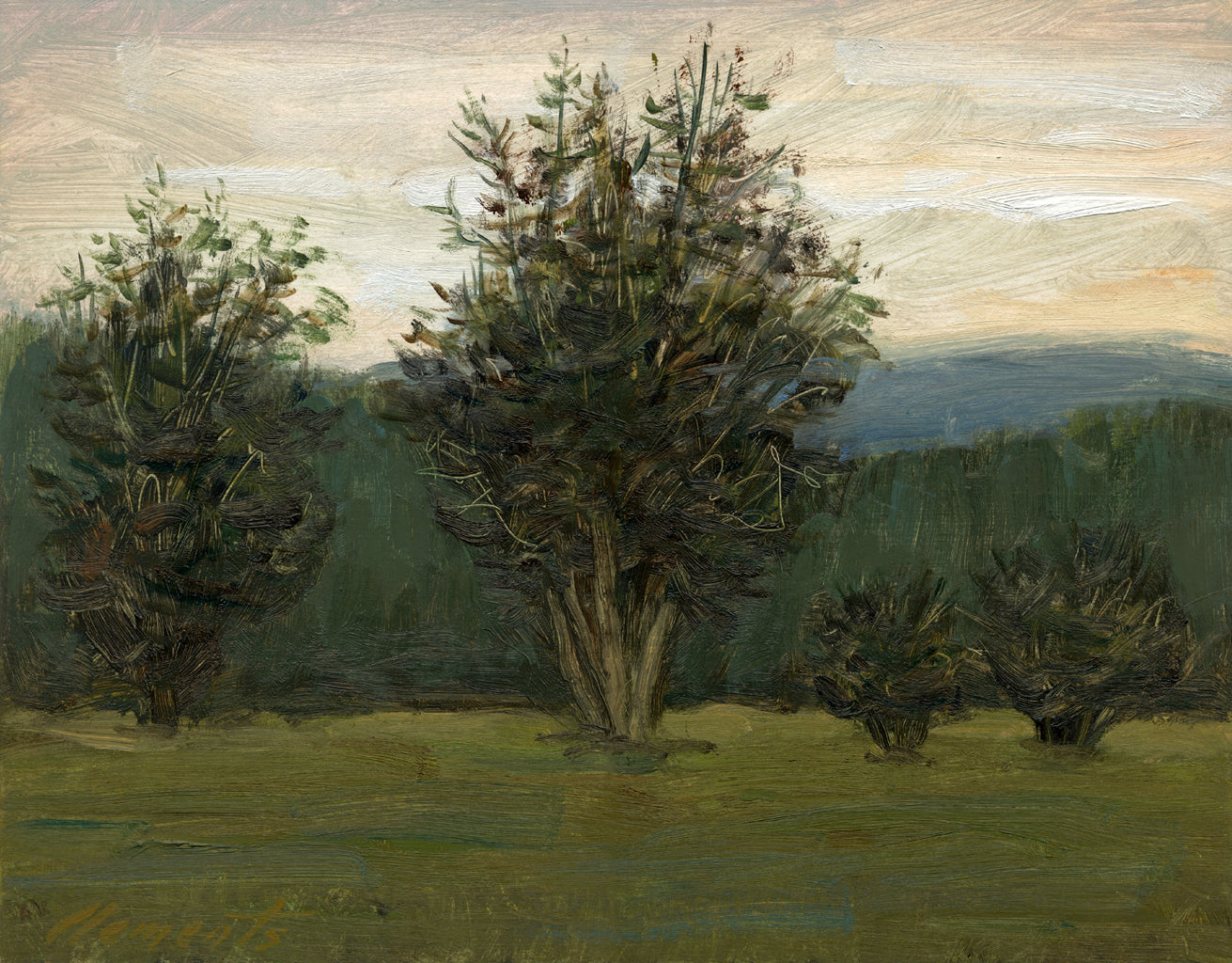 Four Trees Along a Hill Evening Painting Giclée Print