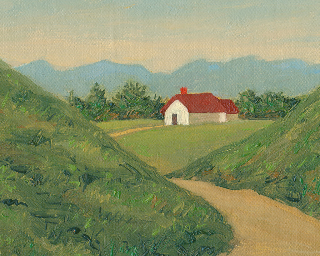 Farm House Road with Mountains Painting Giclée Print Crop 1